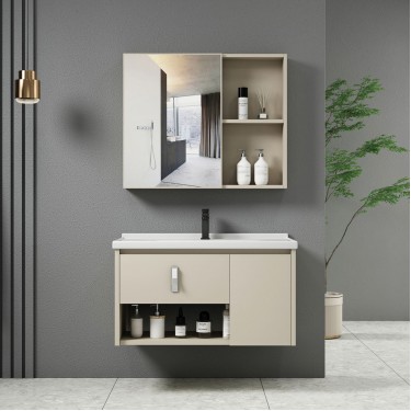 IDEA-2 Set Έπιπλο Μπάνιου Cream, Καθρέπτης   Πάγκος με Νιπτήρα και Μπαταρία  Up:55x11x60cm Down:60x47x45cm [-Μπεζ-Tortora-Sand-Cappuccino-] [-MDF - Κόντρα Πλακέ - Καπλαμάς - Νοβοπάν-, -Αλουμίνιο-] ΕΝ101,2