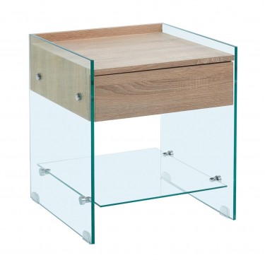 GLASSER Wood Κομοδίνο Διάφανο Γυαλί 10mm - με Συρτάρι Απόχρωση Δρυς  45x45x50cm [-Διάφανο-, -Φυσικό-] [-MDF - Κόντρα Πλακέ - Καπλαμάς - Νοβοπάν-, -Γυαλί-] ΕΜ840,1
