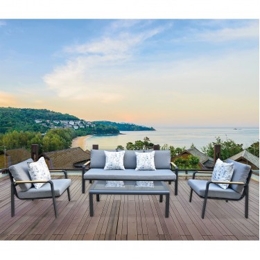 LATINO Set Σαλόνι Κήπου 4τεμ, Αλουμίνιο Μαύρο, Μαξιλάρια Γκρι, Γυαλί Μαύρο  2 Πολυθρ 1 Καναπ 1 Τραπεζάκι [-Γκρι-, -Μαύρο-] [-Αλουμίνιο-, -Ύφασμα-] Ε6872,1