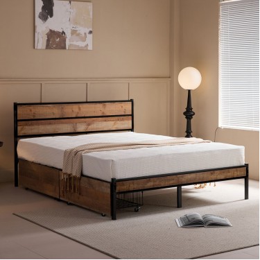 PALLET Κρεβάτι Διπλό-Συρτάρια, για Στρώμα 160x200cm, Μέταλλο Βαφή Μαύρο, Antique Oak  162x207x95cm [-Καρυδί-, -Μαύρο-] [-MDF - Κόντρα Πλακέ - Καπλαμάς - Νοβοπάν-, -Μέταλλο-] Ε8431,1