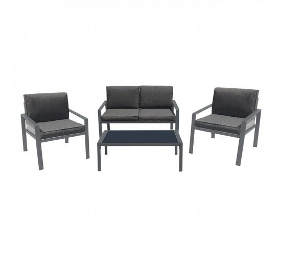 RIVIAN Set Σαλόνι Κήπου 4τεμ, Μέταλλο Βαφή Ανθρακί, Μαξιλάρια Γκρι  90x50x35/120x79x73/65x79x73 cm [-Ανθρακί-] [-Μέταλλο-, -Ύφασμα-] Ε6846