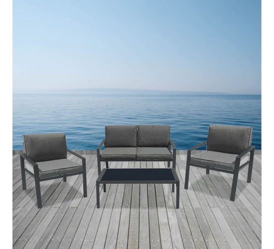 RIVIAN Set Σαλόνι Κήπου 4τεμ, Μέταλλο Βαφή Ανθρακί, Μαξιλάρια Γκρι  90x50x35/120x79x73/65x79x73 cm [-Ανθρακί-] [-Μέταλλο-, -Ύφασμα-] Ε6846