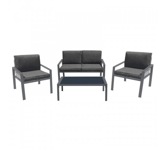 RIVIAN Set Σαλόνι Κήπου 4τεμ, Μέταλλο Βαφή Ανθρακί, Μαξιλάρια Γκρι  90x50x35/120x79x73/65x79x73 cm [-Ανθρακί-] [-Μέταλλο-, -Ύφασμα-] Ε6846