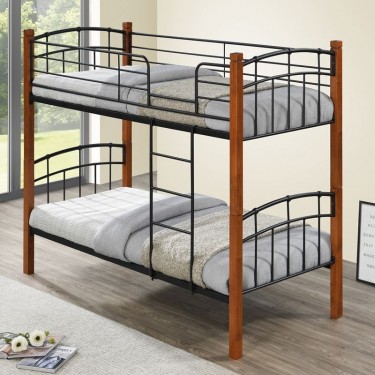 NORTLAN Κρεβάτι Κουκέτα Μέταλλο Βαφή Μαύρο, Ξύλο Καρυδί  97x201x160cm (Στρώμα 90x190cm) [-Καρυδί-, -Μαύρο-] [-Μέταλλο-, -Ξύλο-] Ε80730