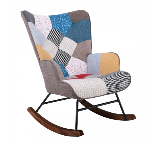 ALMA Rocking Πολυθρόνα Μπερζέρα Καθιστικού, Ύφασμα Patchwork, Βάση Μαύρο-Καρυδί  67x86x92cm [-Patchwork-] [-Ύφασμα-] Ε7143,4Κ