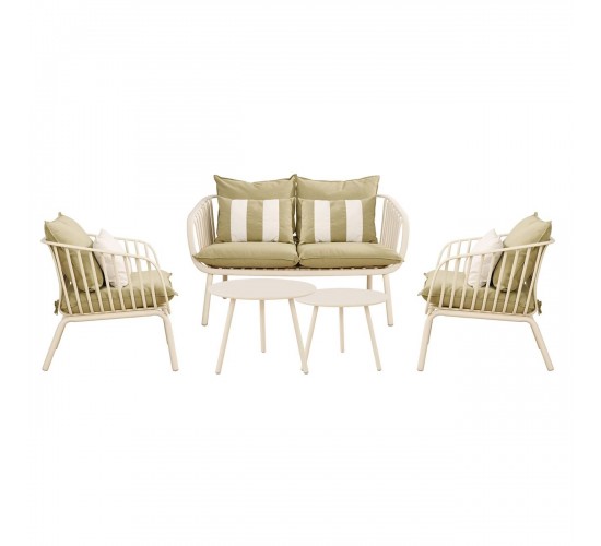 ASTRID Set Σαλόνι Κήπου 5τεμ, PP & Μέταλλο Cream, Μαξιλάρια Sandy Green  2 Πολυθρ 1 Καναπ 2 Τραπεζάκια [-Άσπρο-, -Πράσινο-] [-PP - PC - ABS-, -Μέταλλο-] Ε322,S