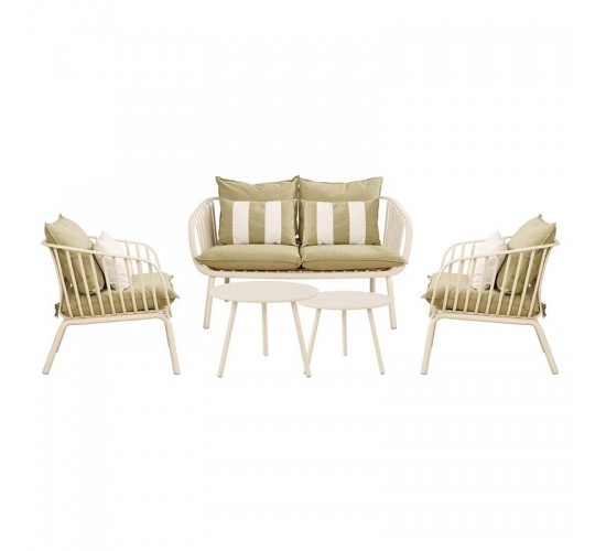 ASTRID Set Σαλόνι Κήπου 5τεμ, PP & Μέταλλο Cream, Μαξιλάρια Sandy Green  2 Πολυθρ 1 Καναπ 2 Τραπεζάκια [-Άσπρο-, -Πράσινο-] [-PP - PC - ABS-, -Μέταλλο-] Ε322,S