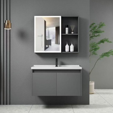 IDEA-1 Set Έπιπλο Μπάνιου Γκρι, Καθρέπτης LED   Πάγκος με Νιπτήρα και Μπαταρία  Up:55x11x60cm Down:60x47x45cm [-Γκρι-] [-MDF - Κόντρα Πλακέ - Καπλαμάς - Νοβοπάν-, -Αλουμίνιο-] ΕΝ100,3L