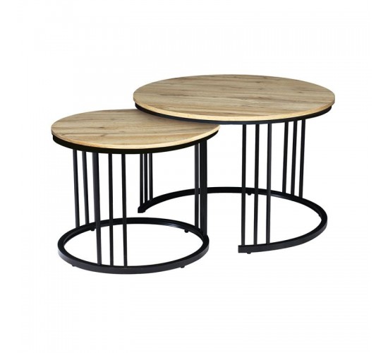 BOZZO Set-2 Τραπεζάκια Σαλονιού-Καθιστικού, Μέταλλο Μαύρο, Απόχρωση Sonoma  Φ.50 H.41cm   Φ.70 H.46cm [-Μαύρο-, -Μπεζ-Tortora-Sand-Cappuccino-] [-MDF - Κόντρα Πλακέ - Καπλαμάς - Νοβοπάν-, -Μέταλλο-] ΕΜ9601,S1