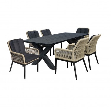 ALLEY Set Τραπεζαρία ALU Ανθρακί-Rope Φυσικό: Τραπέζι 180x94   6 Πολυθρόνες με Μαξιλ  Table:180x94x72 Chair:62x64x85 [-Ανθρακί-, -Φυσικό-] [-Wicker-, -Αλουμίνιο-] Ε68421,S