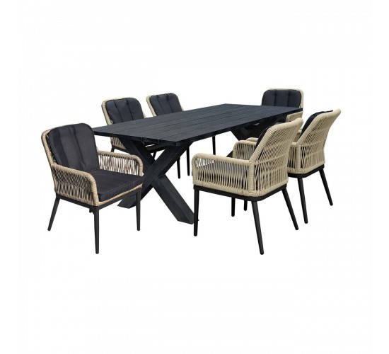 ALLEY Set Τραπεζαρία ALU Ανθρακί-Rope Φυσικό: Τραπέζι 180x94   6 Πολυθρόνες με Μαξιλ  Table:180x94x72 Chair:62x64x85 [-Ανθρακί-, -Φυσικό-] [-Wicker-, -Αλουμίνιο-] Ε68421,S