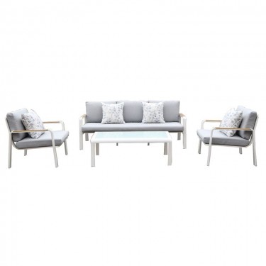 LATINO Set Σαλόνι Κήπου 4τεμ, Αλουμίνιο Άσπρο, Μαξιλάρια Ανοιχτό Γκρι, Γυαλί Άσπρο  2 Πολυθρ 1 Καναπ 1 Τραπεζάκι [-Άσπρο-, -Γκρι-] [-Αλουμίνιο-, -Ύφασμα-] Ε6872,2