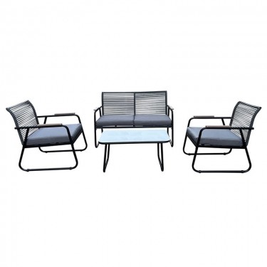 ROCCO Set Σαλόνι Κήπου 4τεμ, Μέταλλο Μαύρο,RopeWicker Γκρι, Μαξιλ.Σκούρο Γκρι, Γυαλί Μαύρο  2 Πολυθρ 1 Καναπ 1 Τραπεζάκι [-Γκρι-, -Μαύρο-] [-Wicker-, -Μέταλλο-] Ε6873,1