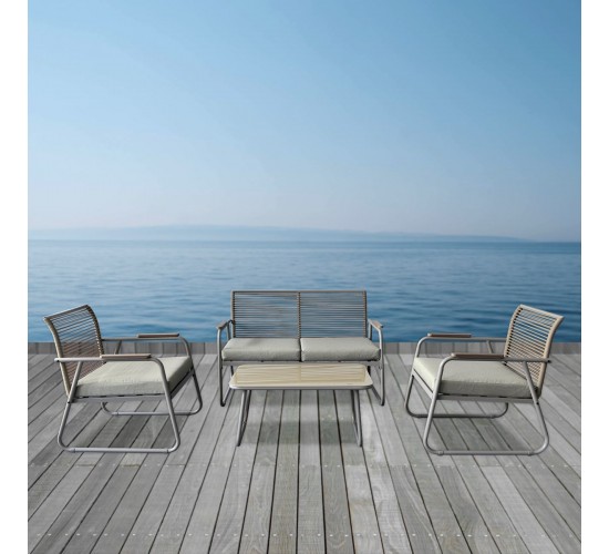 ROCCO Set Σαλόνι Κήπου 4τεμ, Μέταλλο Μπεζ, Rope Wicker Μπεζ, Μαξιλ.Μπεζ, Γυαλί Μπεζ  2 Πολυθρ 1 Καναπ 1 Τραπεζάκι [-Μπεζ-Tortora-Sand-Cappuccino-] [-Wicker-, -Μέταλλο-] Ε6873,2