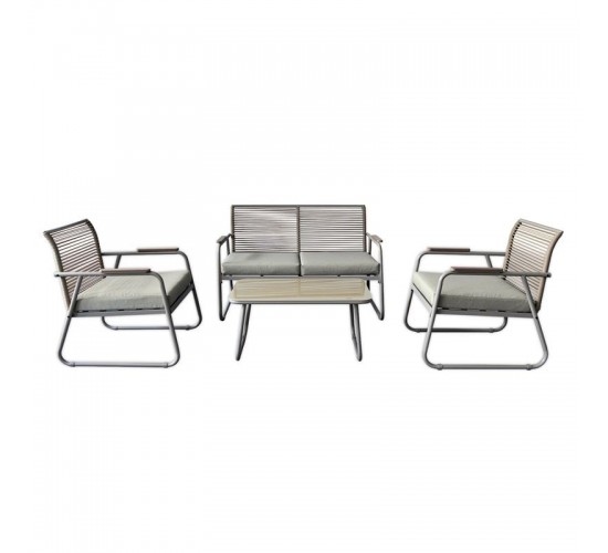 ROCCO Set Σαλόνι Κήπου 4τεμ, Μέταλλο Μπεζ, Rope Wicker Μπεζ, Μαξιλ.Μπεζ, Γυαλί Μπεζ  2 Πολυθρ 1 Καναπ 1 Τραπεζάκι [-Μπεζ-Tortora-Sand-Cappuccino-] [-Wicker-, -Μέταλλο-] Ε6873,2