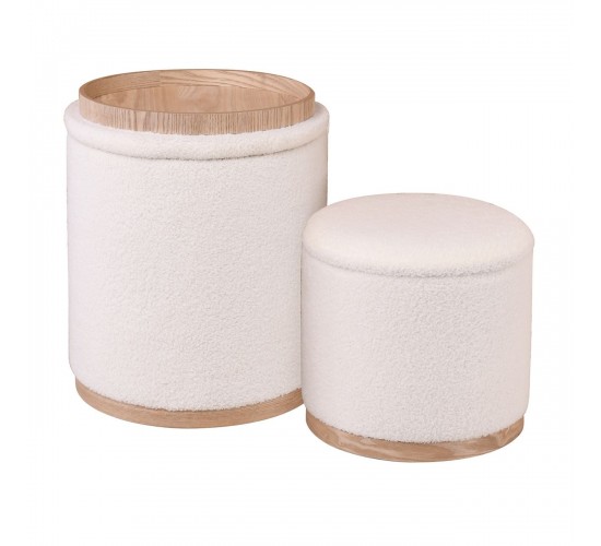 MATIC Set-2 Σκαμπό-Τραπεζάκι με Αποθηκευτικό Χώρο, Teddy Ύφασμα Εκρού  Φ38cm H.45cm   Φ34cm H.32cm [-Εκρού-] [-Ύφασμα-] Ε70401