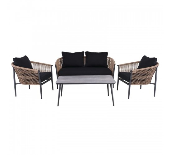 GASBA Set Σαλόνι Κήπου 4τεμ, Alu Ανθρακί, Rope Wicker Φυσικό, Μαξιλάρια Σκούρο Γκρι  2 Πολυθρ 1 Καναπ 1 Τραπεζάκι [-Ανθρακί-, -Φυσικό-] [-Wicker-, -Αλουμίνιο-] Ε6874,1