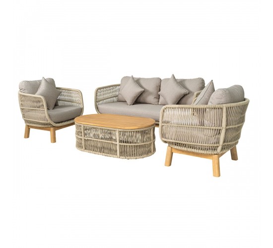 MARK Set Σαλόνι Κήπου 4τεμ, Acacia Φυσικό, Μαξιλάρια Μπεζ Rope Wicker Μπεζ  2 Πολυθρ 1 Καναπ 1 Τραπεζάκι [-Μπεζ-Tortora-Sand-Cappuccino-] [-Ξύλο-, -Ύφασμα-] Ε2360,2