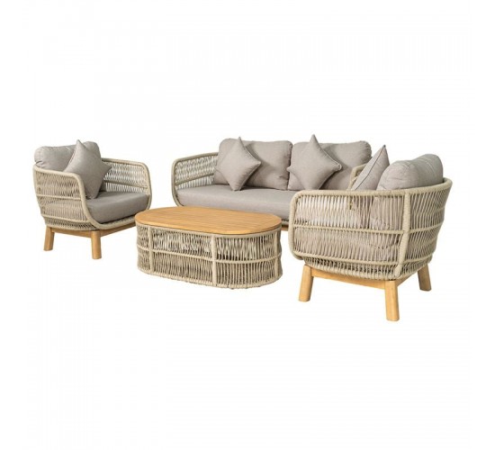 MARK Set Σαλόνι Κήπου 4τεμ, Acacia Φυσικό, Μαξιλάρια Μπεζ Rope Wicker Μπεζ  2 Πολυθρ 1 Καναπ 1 Τραπεζάκι [-Μπεζ-Tortora-Sand-Cappuccino-] [-Ξύλο-, -Ύφασμα-] Ε2360,2