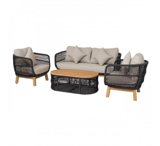 MARK Set Σαλόνι Κήπου 4 τεμαχίων Acacia Φυσικό, Rope Wicker Μαύρο, Μαξιλάρια Μπεζ  2 Πολυθρόνες Καναπές Τραπεζάκι [-Μαύρο-, -Μπεζ-Tortora-Sand-Cappuccino-] [-Ξύλο-, -Ύφασμα-] Ε2360,1