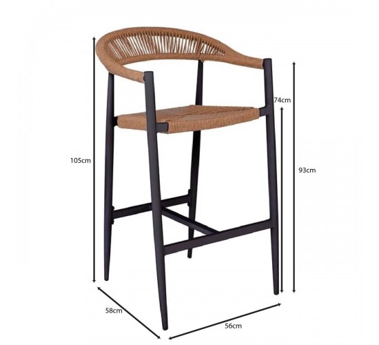 MADY Σκαμπό Bar, ALU Ανθρακί, Rope Wicker Φυσικό  56x58x105cm [-Ανθρακί-, -Φυσικό-] [-Wicker-, -Αλουμίνιο-] Ε6720,1