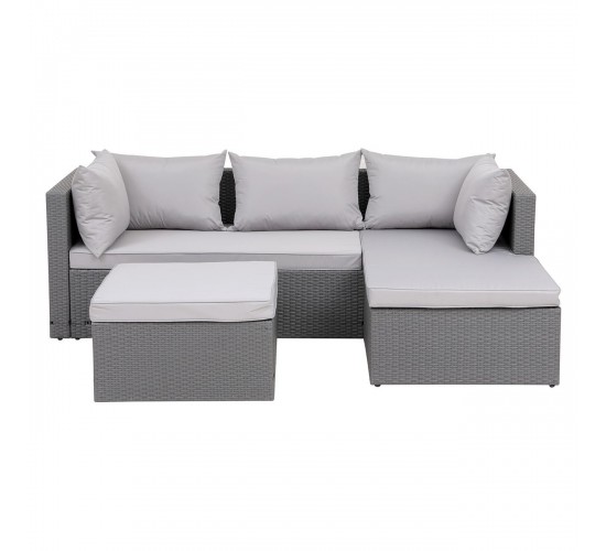 CORNER Set Wicker, Γωνία με Σκαμπό, Απόχρωση Ανοιχτό Γκρι Αναστρέψιμη Γωνία  202x142x74 H.63 -Σκ.68x64x38cm [-Γκρι-] [-Wicker-, -Μέταλλο-] Ε6628,1