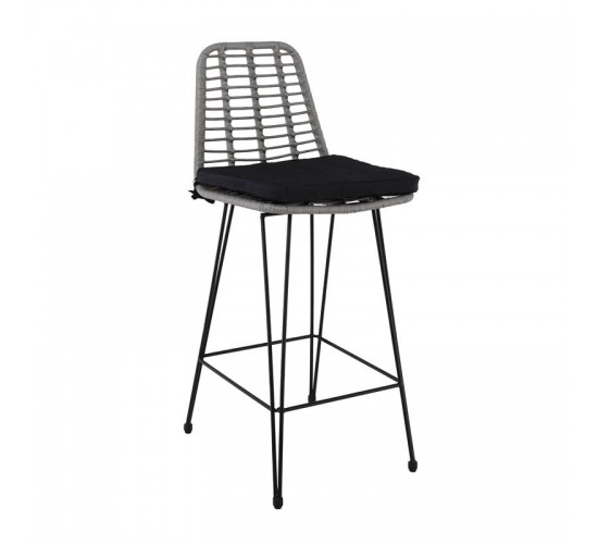 SALSA Σκαμπό BAR-Pro με Πλάτη, Μέταλλο Βαφή Μαύρο - Wicker Γκρι, με Μαξιλάρι Μαύρο  45x55x75/113cm [-Γκρι-, -Μαύρο-] [-Wicker-, -Μέταλλο-] Ε252,21