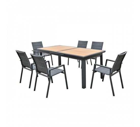 NAPOLI Set Dining ALU Κήπου: 6 Πολυθρόνες   Τραπέζι Επεκτ/νο Μαύρο-Καρυδί-Textilene Ανθρακί  Tab:186 60x95x77Chair:59x62x90 [-Καρυδί-, -Μαύρο-] [-Textilene-, -Αλουμίνιο-] Ε6729,1S