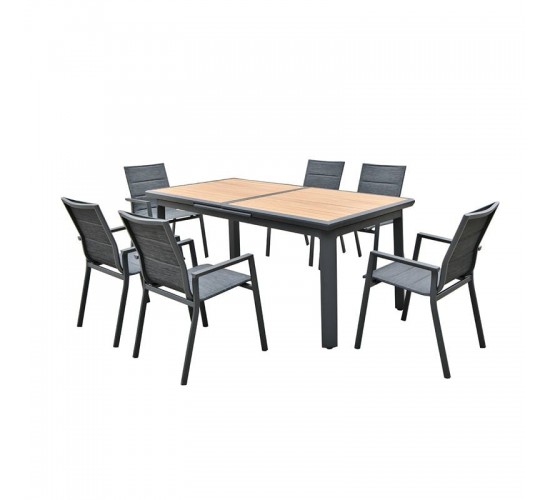NAPOLI Set Dining ALU Κήπου: 6 Πολυθρόνες   Τραπέζι Επεκτ/νο Μαύρο-Καρυδί-Textilene Ανθρακί  Tab:186 60x95x77Chair:59x62x90 [-Καρυδί-, -Μαύρο-] [-Textilene-, -Αλουμίνιο-] Ε6729,1S