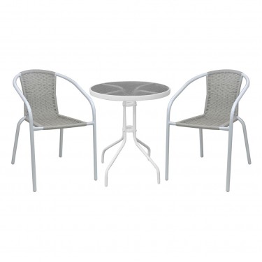BALENO-W Set Κήπου - Βεράντας: Τραπέζι   2 Πολυθρόνες Μέταλλο Άσπρο, Wicker Beige  Table:Φ60x70 Armchair:52x60x72 [-Άσπρο-, -Μπεζ-Tortora-Sand-Cappuccino-] [-Wicker-, -Μέταλλο-] Ε240,8W