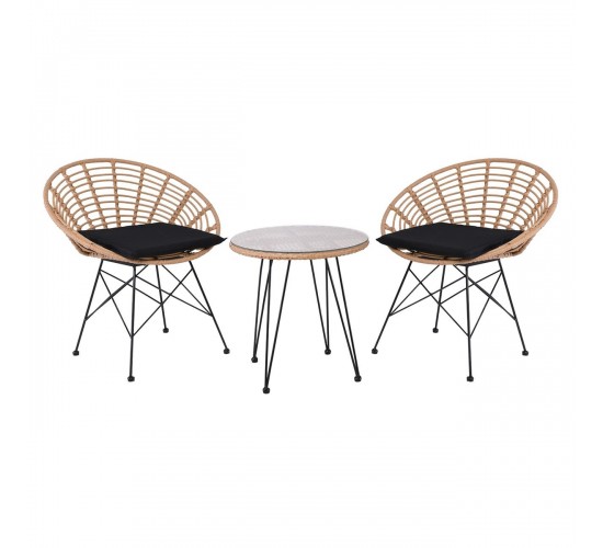 SALSA Coral Coffee Set Κήπου Μέταλλο Μαύρο - Γυαλί - Wicker Φυσικό: Τραπεζάκι 2 Πολυθρόνες  TableΦ52x53 Armchair72x62x81cm [-Μαύρο-, -Φυσικό-] [-Wicker-, -Μέταλλο-] Ε283,S1