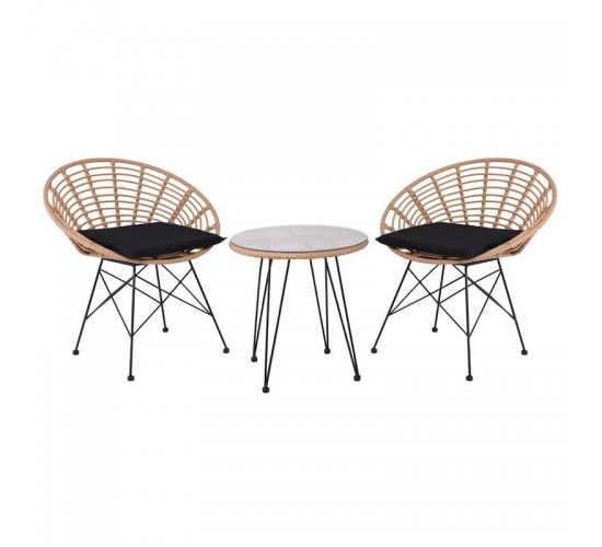 SALSA Coral Coffee Set Κήπου Μέταλλο Μαύρο - Γυαλί - Wicker Φυσικό: Τραπεζάκι 2 Πολυθρόνες  TableΦ52x53 Armchair72x62x81cm [-Μαύρο-, -Φυσικό-] [-Wicker-, -Μέταλλο-] Ε283,S1