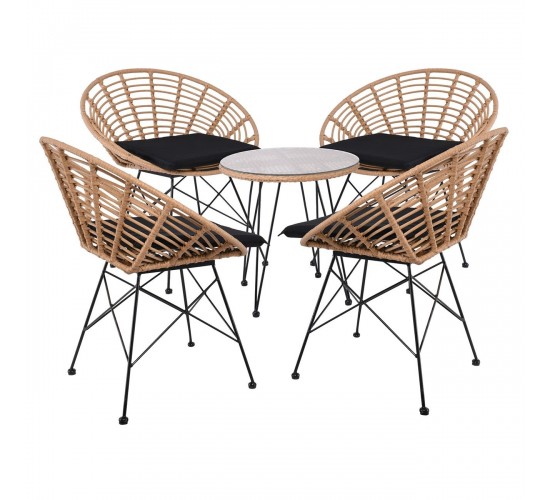 SALSA Coral Coffee Set Κήπου Μέταλλο Μαύρο - Γυαλί - Wicker Φυσικό: Τραπεζάκι 4 Πολυθρόνες  TableΦ52x53 Armchair72x62x81cm [-Μαύρο-, -Φυσικό-] [-Wicker-, -Μέταλλο-] Ε283,S4