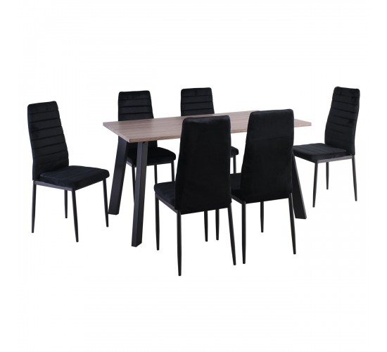 JETTA-BAXTER Τραπεζαρία Μέταλλ ο Βαφή Μαύρο, Τραπέζι Sonoma Oak   6 Καρέκλες Velure Μαύρο  Table:140x80x75 Chair:40x50x95 [-Καρυδί-, -Μαύρο-] [-MDF - Κόντρα Πλακέ - Καπλαμάς - Νοβοπάν-, -Μέταλλο-] ΕΜ966,S3