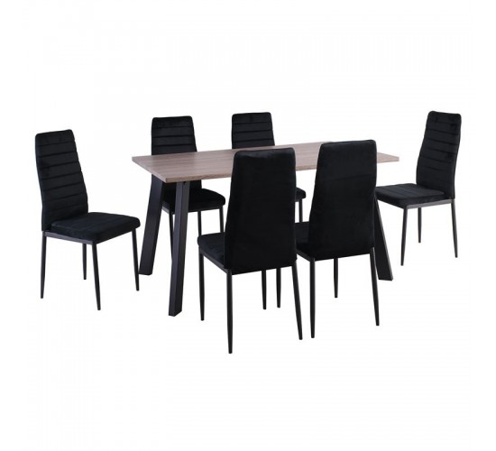 JETTA-BAXTER Τραπεζαρία Μέταλλ ο Βαφή Μαύρο, Τραπέζι Sonoma Oak   6 Καρέκλες Velure Μαύρο  Table:140x80x75 Chair:40x50x95 [-Καρυδί-, -Μαύρο-] [-MDF - Κόντρα Πλακέ - Καπλαμάς - Νοβοπάν-, -Μέταλλο-] ΕΜ966,S3