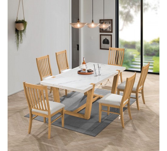 COMET Set Τραπεζαρία Ξύλινη: Τραπέζι 6 Καρέκλες, Φυσικό με Mdf Άσπρο Μάρμαρο,Ύφασμα Άσπρο  Table200x100x77-Chair49x60x100 [-Άσπρο-, -Φυσικό-] [-Ξύλο-, -Ύφασμα-] Ε7706,S