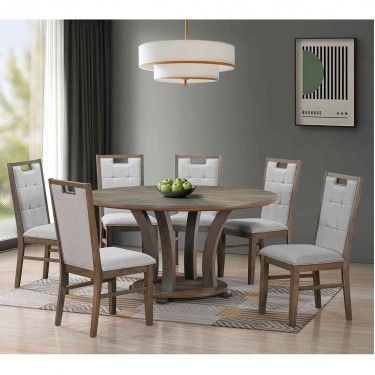 GORDON Set Τραπεζαρία Ξύλινη Σαλονιού: Τραπέζι 6 Καρέκλες, Antique Grey Walnut, Ύφ.Γκρι  Table Φ150x78 -Chair 55x48x100 [-Γκρι-, -Καρυδί-] [-Ξύλο-, -Ύφασμα-] Ε7707,S