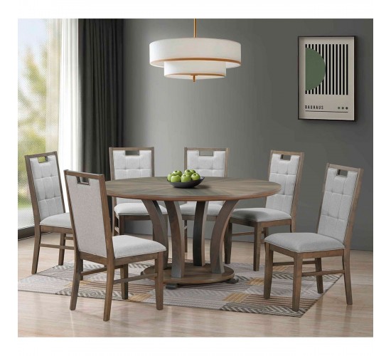 GORDON Set Τραπεζαρία Ξύλινη Σαλονιού: Τραπέζι 6 Καρέκλες, Antique Grey Walnut, Ύφ.Γκρι  Table Φ150x74 -Chair 54x66x100 [-Γκρι-, -Καρυδί-] [-Ξύλο-, -Ύφασμα-] Ε7707,S