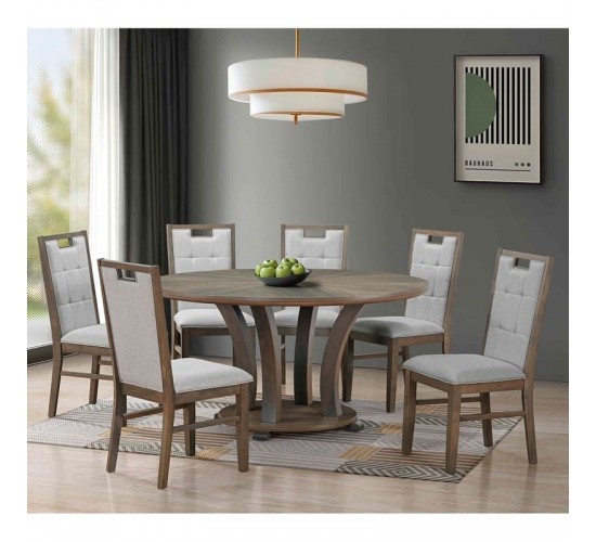 GORDON Set Τραπεζαρία Ξύλινη Σαλονιού: Τραπέζι 6 Καρέκλες, Antique Grey Walnut, Ύφ.Γκρι  Table Φ150x74 -Chair 54x66x100 [-Γκρι-, -Καρυδί-] [-Ξύλο-, -Ύφασμα-] Ε7707,S