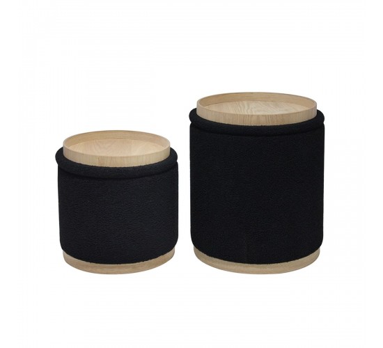 MATIC Set-2 Σκαμπό-Τραπεζάκι με Αποθηκευτικό Χώρο, Teddy Ύφασμα Μαύρο  Φ38cm H.45cm   Φ34cm H.32cm [-Μαύρο-] [-Ύφασμα-] Ε70401,1