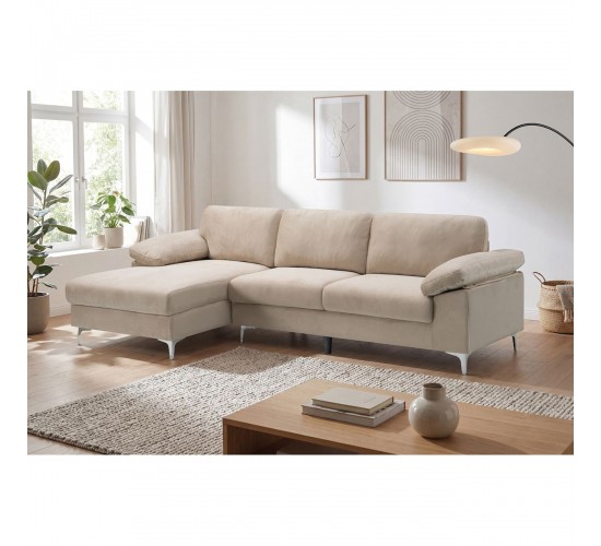 ALEX Καναπές Σαλονιού Καθιστικού Δεξιά Γωνία, Ύφασμα Μπεζ Velure  264x132x75cm H.80cm [-Μπεζ-Tortora-Sand-Cappuccino-] [-Ύφασμα-] Ε966,5