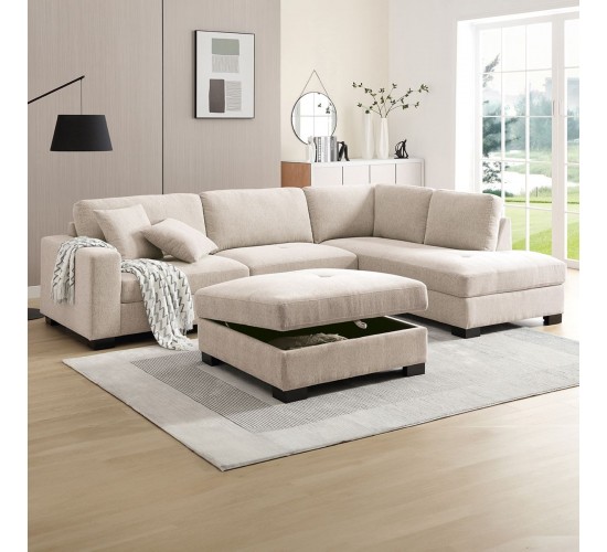 DORNO Καναπές Σαλονιού Αριστερή Γωνία με Αποθηκευτικό Σκαμπό, Ύφασμα Μπεζ  308x207/98xH91cm, 98x98x50cm [-Μπεζ-Tortora-Sand-Cappuccino-] [-Ύφασμα-] Ε9414,3