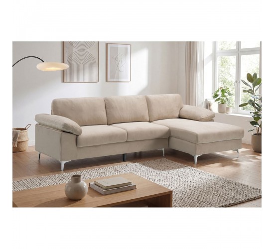 ALEX Καναπές Σαλονιού Καθιστικού Αριστερή Γωνία, Ύφασμα Μπεζ Velure  264x132x75cm H.80cm [-Μπεζ-Tortora-Sand-Cappuccino-] [-Ύφασμα-] Ε966,50