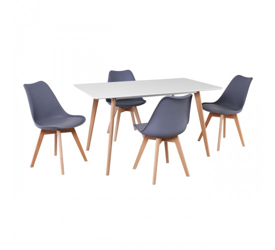 MARTIN Set Τραπεζαρία: Τραπέζι   4 Καρέκλες, MDF Άσπρο-Οξιά Φυσικό, PP & Pu Γκρι  Table:140x80x75 Chair:49x57x82 [-Άσπρο-, -Γκρι-] [-PP - PC - ABS-, -Ξύλο-] Ε7102,1S