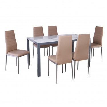 JETTA-DEGO Set Τραπεζαρία: Τραπέζι   6 Καρέκλες, Μέταλλο Γκρι - Γυαλί Marble - PVC Μπεζ  Table:140x80x75 Chair:40x50x95 [-Γκρι-, -Μπεζ-Tortora-Sand-Cappuccino-] [-PU - PVC-, -Μέταλλο-] ΕΜ966,S4