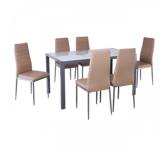 JETTA-DEGO Set Τραπεζαρία: Τραπέζι   6 Καρέκλες, Μέταλλο Γκρι - Γυαλί Marble - PVC Μπεζ  Table:140x80x75 Chair:40x50x95 [-Γκρι-, -Μπεζ-Tortora-Sand-Cappuccino-] [-PU - PVC-, -Μέταλλο-] ΕΜ966,S4