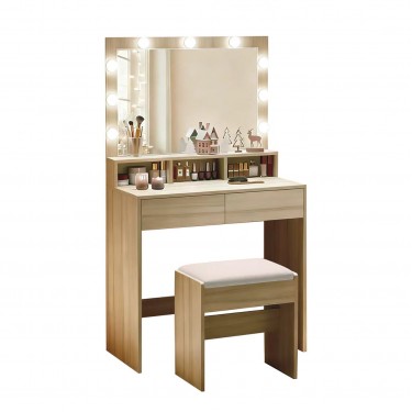 LUCY Set Τουαλέτα με Σκαμπό, Απόχρωση Sonoma, Καθρέπτης LED & θύρα USB  80x40x75/140cm [-Μπεζ-Tortora-Sand-Cappuccino-, -Φυσικό-] [-MDF - Κόντρα Πλακέ - Καπλαμάς - Νοβοπάν-, -Ύφασμα-] Ε5359,2