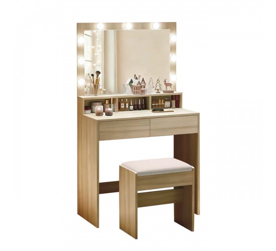 LUCY Set Τουαλέτα με Σκαμπό, Απόχρωση Sonoma, Καθρέπτης LED & θύρα USB  80x40x75/140cm [-Μπεζ-Tortora-Sand-Cappuccino-, -Φυσικό-] [-MDF - Κόντρα Πλακέ - Καπλαμάς - Νοβοπάν-, -Ύφασμα-] Ε5359,2