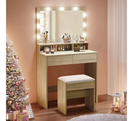 LUCY Set Τουαλέτα με Σκαμπό, Απόχρωση Sonoma, Καθρέπτης LED & θύρα USB  80x40x75/140cm [-Μπεζ-Tortora-Sand-Cappuccino-, -Φυσικό-] [-MDF - Κόντρα Πλακέ - Καπλαμάς - Νοβοπάν-, -Ύφασμα-] Ε5359,2