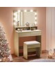 LUCY Set Τουαλέτα με Σκαμπό, Απόχρωση Sonoma, Καθρέπτης LED & θύρα USB  80x40x75/140cm [-Μπεζ-Tortora-Sand-Cappuccino-, -Φυσικό-] [-MDF - Κόντρα Πλακέ - Καπλαμάς - Νοβοπάν-, -Ύφασμα-] Ε5359,2